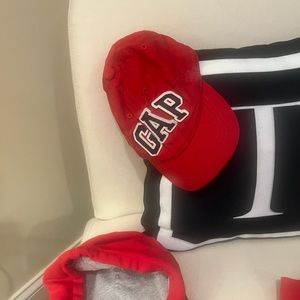 GAP red hoodie with matching joggers 18-24 months and  matching cap xsmall/small
